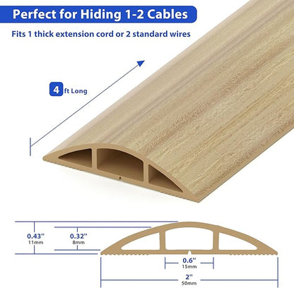 Floor Cord Cover 4ft, Maple Wood Cord Hider Floor Hide Extension Cords, Floor Cable Management Floor Cable Cover Wire Covers for Cords, Cable Protector Cord Cavity W0.6in x H0.32in