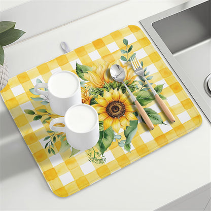 Sunflower Dish Drying Mat 18x24 Inch Absorbent Reversible Summer Sunflower Drying Mat Summer Plaid Dish Drying Rack Mat Yellow Summer Themed Dish Drainer Mat for Kitchen Counter Coffee Bar