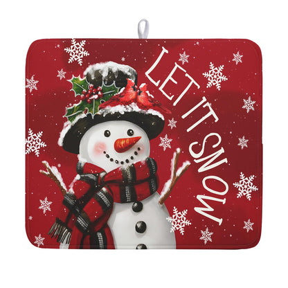 Merry Christmas Dish Drying Mat for Kitchen Counter 16x18 Inch Winter Snowman Dish Draining Mat Xmas Snowflakes Decorations Fast Absorbent Tableware Cardinal Birld Dishes Pad for Coffee Bar Countertop