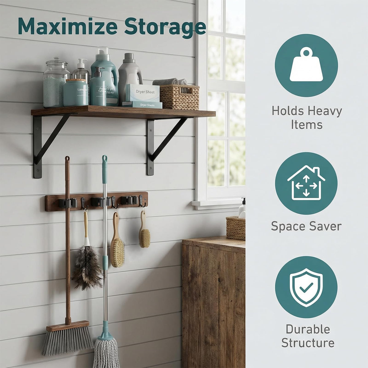 Broom and Mop Organizer Wall Hanging with Cleaning Supplies Organizer Shelf Rustic Farmhouse Wood Broom Mop Holder Storage Rack for Laundry Room Garage