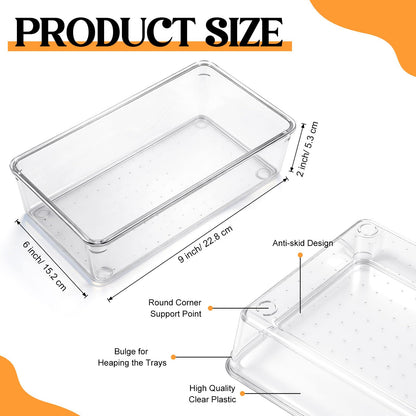 12 Pcs Clear Drawer Organizer 9 x 6 x 2 Inches Plastic Rectangle Trays Makeup Vanity Storage Bins and Kitchen Drawers Dividers for Office Desk Silverware Kitchen Utensils (12 Count)