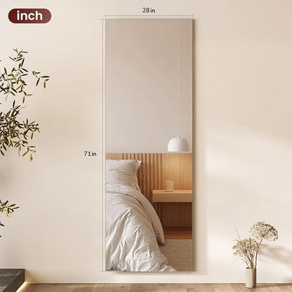 Kosmonia 71x28 Frameless Full Length Silver Coating Mirror w/Distortion Free, HD Reflection &Anti Desilvering, Tempered Glass, Easy Setup w/Stand, Wall/Standing