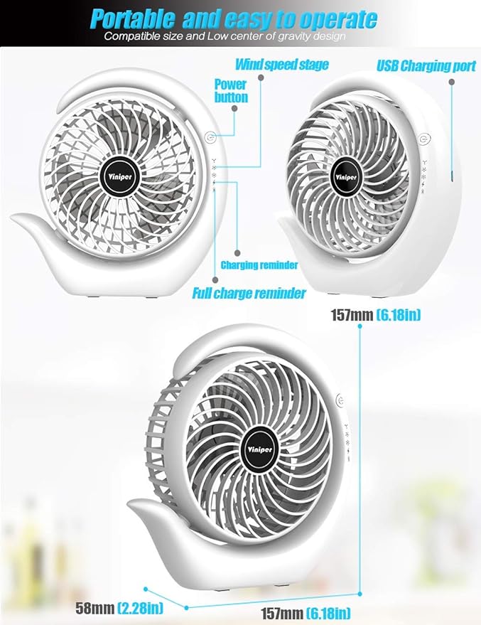 Viniper Portable Rechargeable Fan, Small Desk Fan : 3 Speeds & about 8-24 Hours Longer Working, 180 Rotation, Portable Battery Desktop Fan for Home/Office (Black, Light Black Blade)6.2 inch