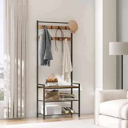YATINEY Hall Tree, Coat Rack with Shoe Bench, Entryway Bench with Shoe Storage, Multifunctional Entryway Storage Organizer, Metal Frame and 8 Movable Hooks, for Hallway, Rustic Brown MT01BR