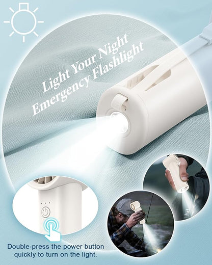 Portable Handheld Fan with Power Bank(High-Speed),3 IN 1 USB Rechargeable Mini Personal Fan with Flashlight,Small Size for Outdoor/Travel/Beach/Concerts/Summer.Gifts for Girl,Women. White