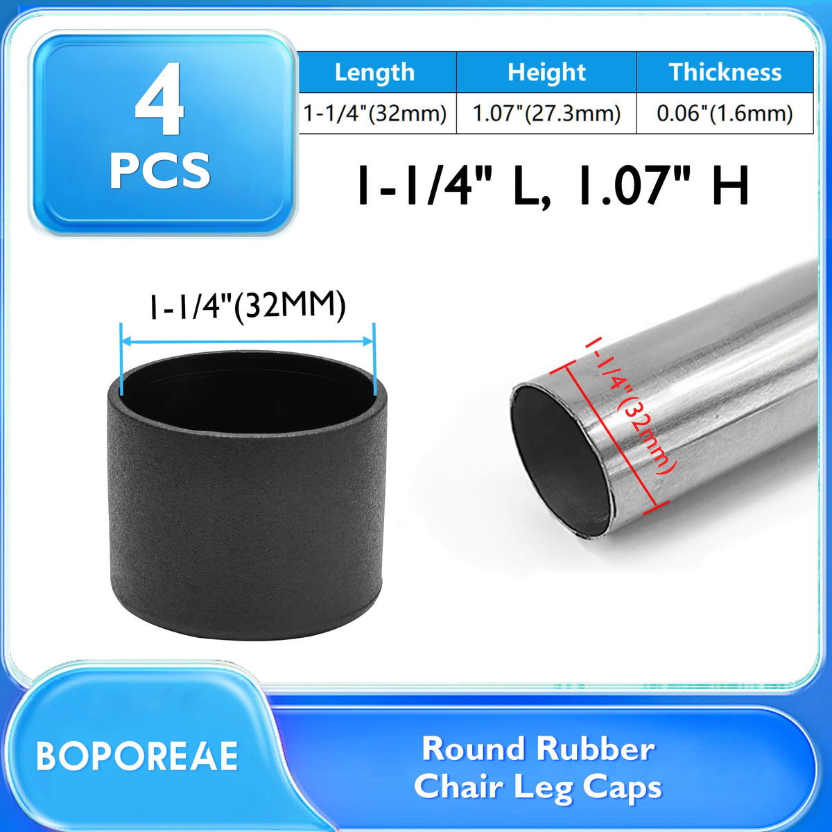 4 Pcs 1-1/4" Black Round Rubber Chair Leg Caps (4 Count)
