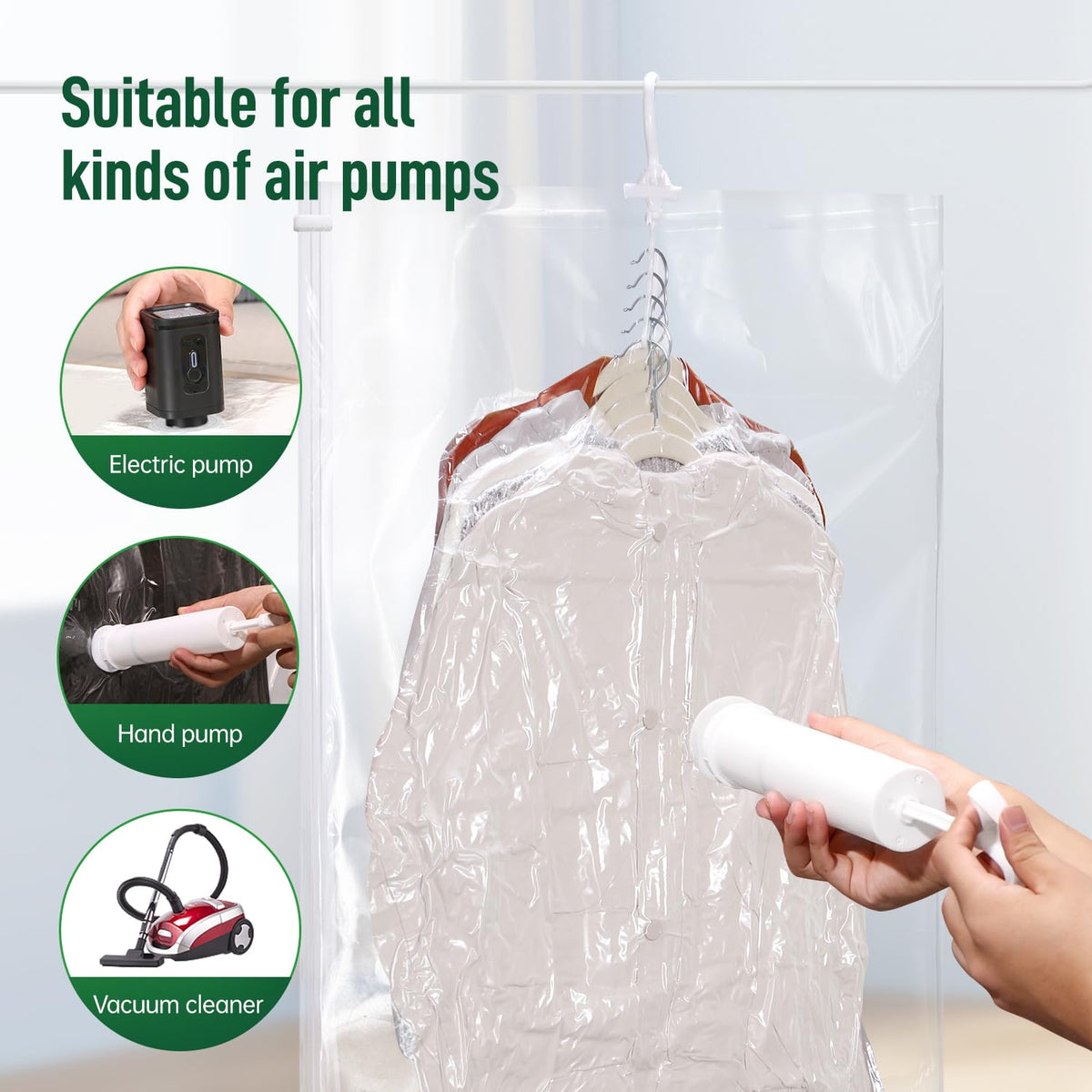 Hanging Vacuum Storage Bags For Clothes With Hand Pump (6 Count)