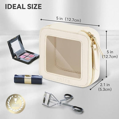 Prite Small Makeup Bag for Women Portable Clear Makeup Bag Cute Mini Waterproof Travel Cosmetic Bag with Gold Zipper for Car Essentials(Beige)
