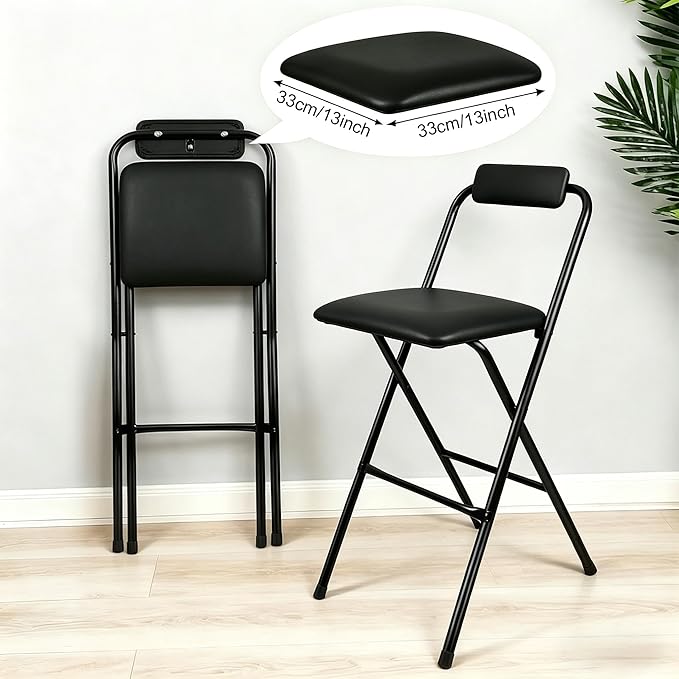 Folding Bar Stool with Back, 2PCS Tall Foldable Stool Chair Portable Adult Collapsible Counter Height Seat Leather Padded Kitchen Shop Comfortable and Sturdy 29.5 Inch