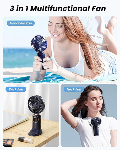 coldSky Portable Handheld Fan, 4000mAh Battery Operated Fan with LED Display, Handheld/Neck/Desk 3 in 1 Personal Small Fans, 90° Foldable Desk Fan with Base, 5 Speed Makeup Lash Fan for Women Blue