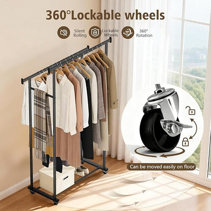 Clothes Rack,Rolling Clothing Rack for Hanging Clothes, Garment Rack Sturdy Clothing Rack Portable Wardrobe Rack Metal Closet Rack for Bedroom Laundry Living Room, Black