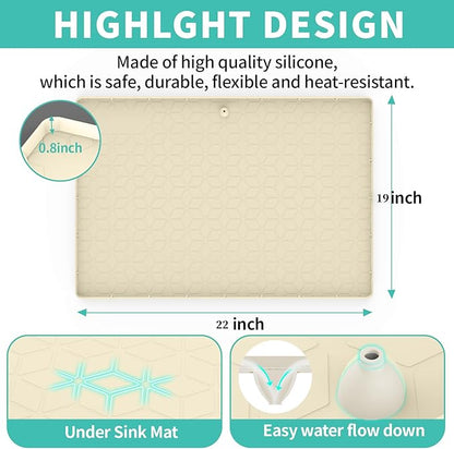Under Sink Mat, 19"x22" Under Sink Mats for Kitchen, Silicone Waterproof Under Sink Liner, Sink Cabinet Organizer Tray with Drain Hole (Beige, 19X22)