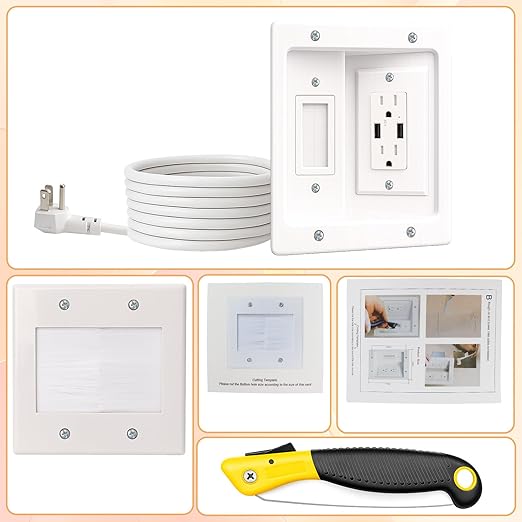 TV Cord Hider for Wall Mounted TV, in-Wall Cable Management System with Recessed Power Outlet, Power & Low Voltage Cable Concealer Kit for Clean and Organized Home Theater Setup(AC+ USB)