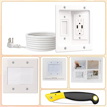 TV Cord Hider for Wall Mounted TV, in-Wall Cable Management System with Recessed Power Outlet, Power & Low Voltage Cable Concealer Kit for Clean and Organized Home Theater Setup(AC+ USB)