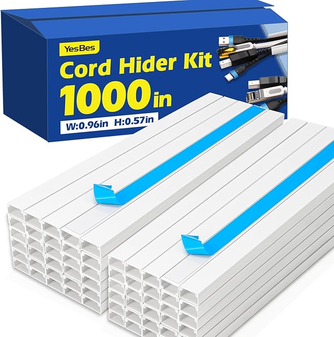 1000in Cord Hider Kit, Cord Covers for Wires on Wall, Paintable Cable Raceway, Cord Hider for Wall Mount tv, tv Cable Hider Wall kit, Wire Covers for Cords, 64X L15.7 X W0.96in X H0.57in, White