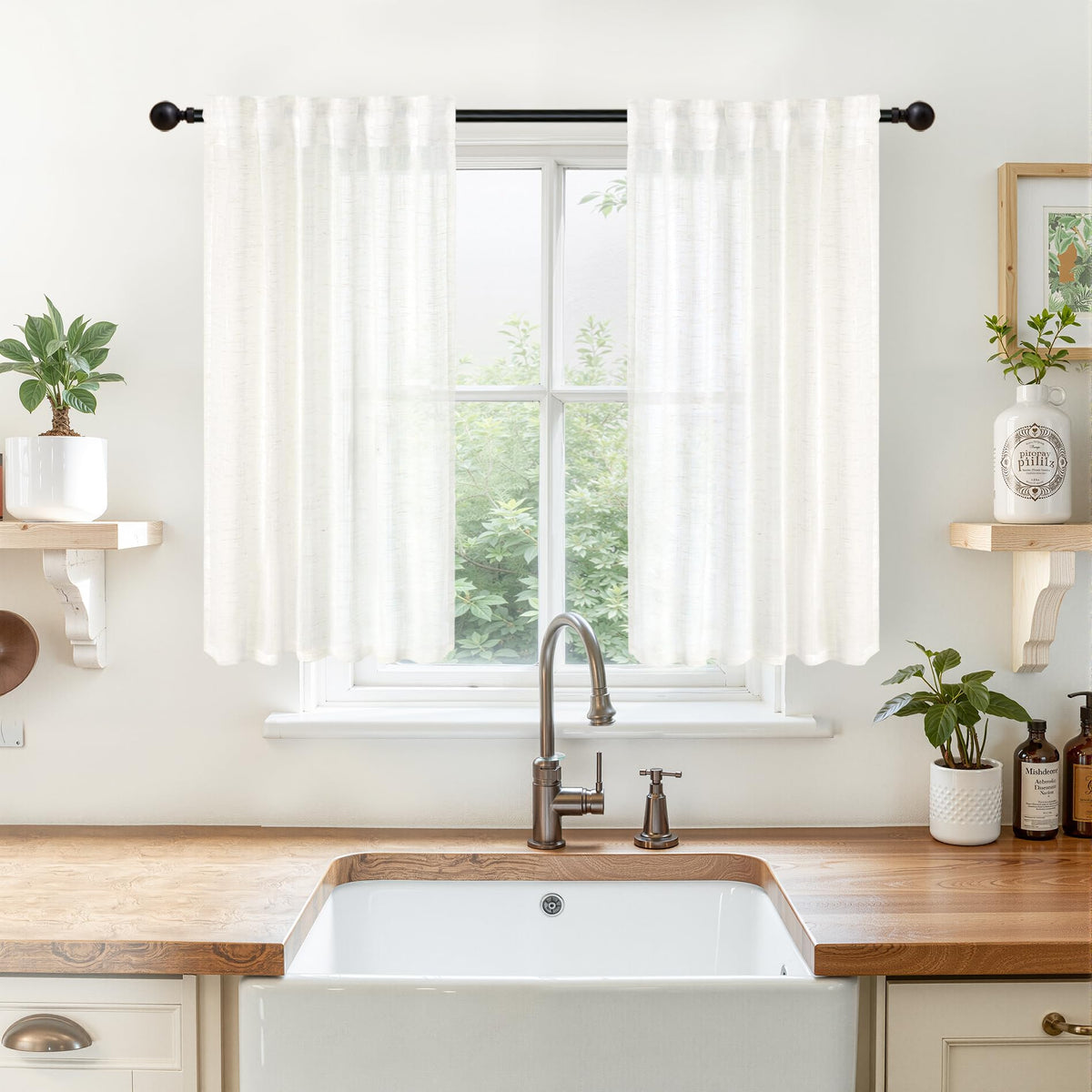 Linen Semi Sheer Curtains 40 Inch Length for Kitchen Window (2 Count)