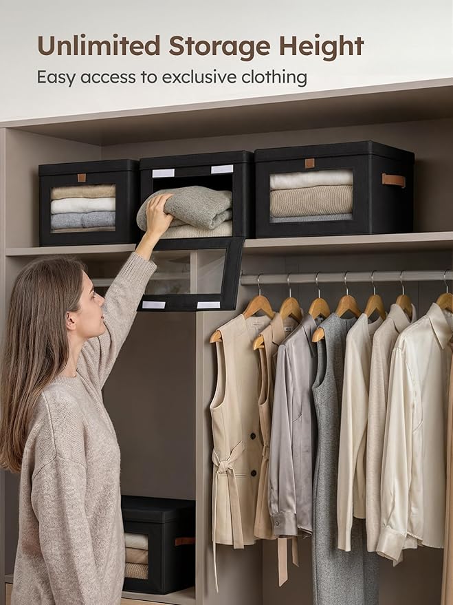 Homsorout Medium Fabric Storage bins - Closet Shelf Organizer with Open Window, 5 Pack Closet Baskets for Shelves, Stackable Decorative Boxes for Home, Dorm, Black, 13.7" x 9.8” x 9.8"
