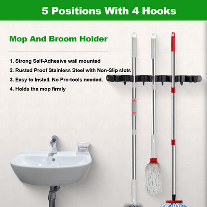 2 Pack] 5 Racks and 4 Hooks Mop and Broom Holder Wall Mount (2 Count)