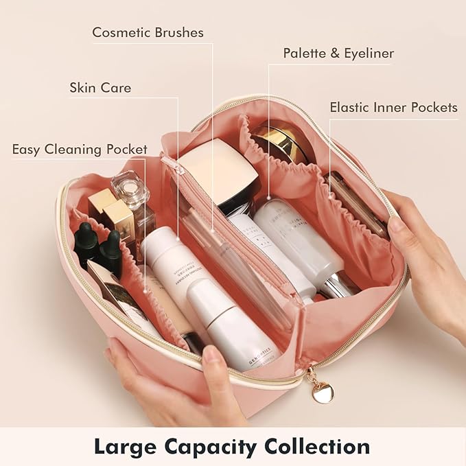 Prite Makeup Bag for Women Travel Waterproof Vegan Leather Cosmetic Bag Open Flat Toiletry Bag With Clear Divider and Handle (Pink, Medium)