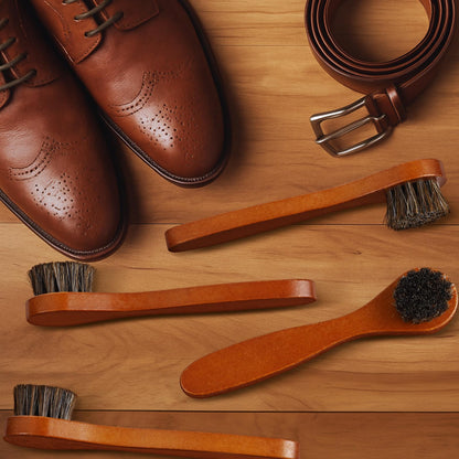 4 Pcs Horsehair Shine Shoes Brush Kit Polish Dauber Applicators Cleaning Leather Shoes Boots Care Brushes Suede Cleaner Brush with Microfiber Shoe Cloth