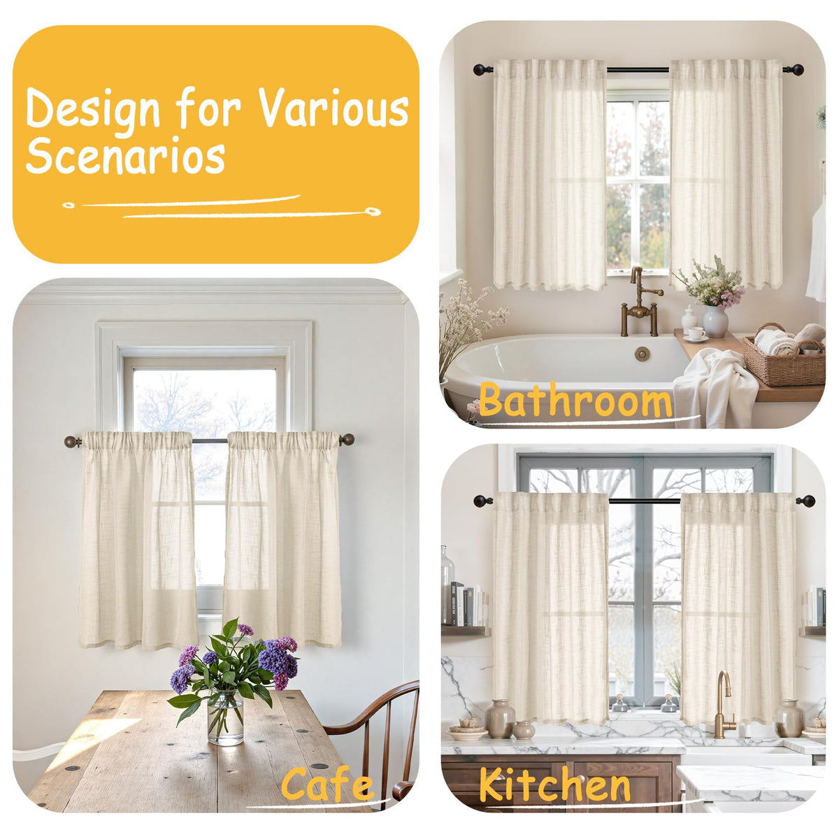 Oatmeal Linen Semi Sheer Curtains 40 Inch Length for Kitchen Window (2 Count)