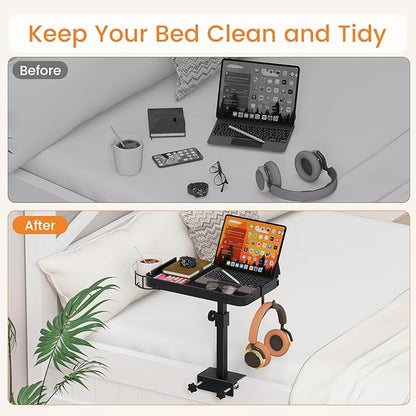 Snughome Clamp On Bedside Shelf for Bunk Bed - Adjustable Height Bedside Table Tray with Cup Holder & Cable Holes, Sturdy Nightstand Organizer Top Bunk Bed Accessories for College Dorm Apartment