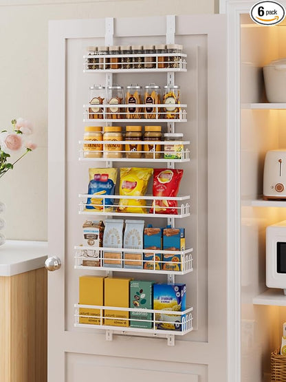 Delamu Over the Door Pantry Organizer, 6 Tier Pantry Door Organizer with Adjustable Basket, Door Spice Rack Seasoning Organizer, Metal Hanging Pantry Organizers and Storage for Kitchen,15.3" White