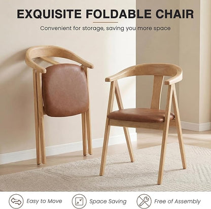 HNY Wooden Folding Chair with Cushion Set of 4, PU Leather Foldable Dining Chairs Folding Event Chair, Portable Space-Saving Accent Chair for Kitchen Dining Living Room Small Spaces, Brown