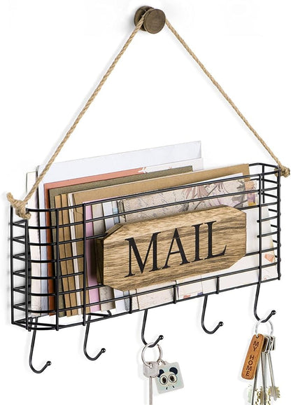 SRIWATANA Mail Holder, Rustic Mail Organizer Wall Mount Hanging Mail Sorter Letter Basket with 5 Key Holder for Wall, Large, Carbonized Black