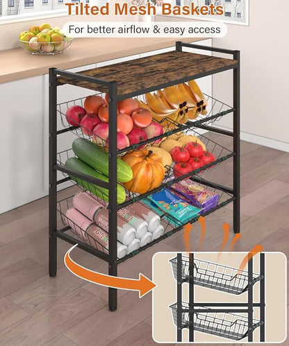 Kitchen Fruit and Vegetable Storage Rack, 4-Tier Fruit Basket Stand, Freestanding Snack Display Organizer Shelf, Small Kitchen Island with Wood Top for Pantry, Office, Living Room, Black