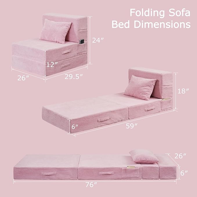 Folding Sofa Bed, 4 in 1 Convertible Sleeper Chair with Pillow, Single Memory Foam Fold Out Chair Bed, Modern Floor Futon Sofa Couch Mattress for Living Room/Guest/Apartment, Pink