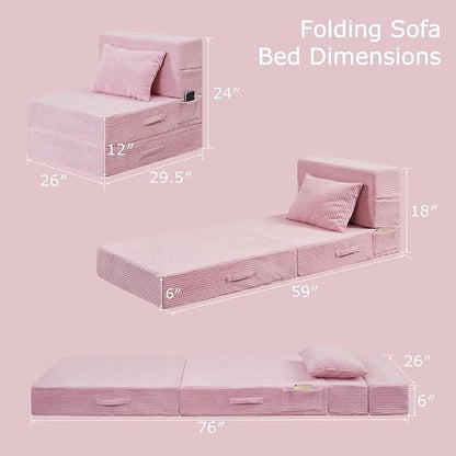 Folding Sofa Bed, 4 in 1 Convertible Sleeper Chair with Pillow, Single Memory Foam Fold Out Chair Bed, Modern Floor Futon Sofa Couch Mattress for Living Room/Guest/Apartment, Pink