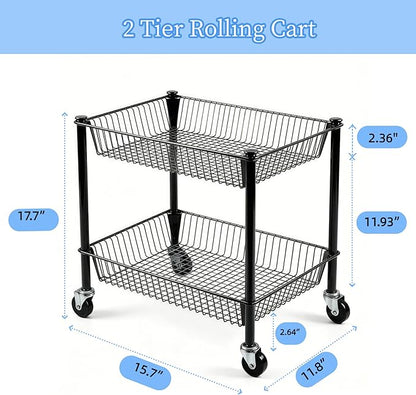 2 Tier Rolling Pantry Cart on Wheels Thick Metal Pantry Floor Organizer Small Utility Cart for Small Space, Fruit Vegetables Rack for Kitchen, Under Desk Storage Onion Potato Storage Basket, Black