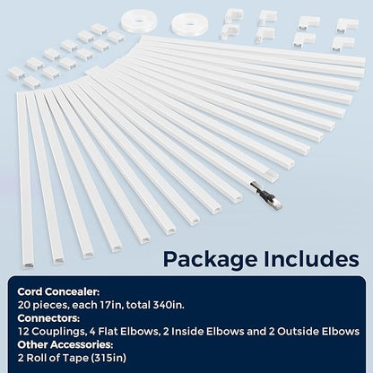 340in Cord Covers for Wires on Wall, One-Cord Wire Covers for Cords, Small White Cord Hider Wall, LZEOY Cable Raceway Wire Hider for Cords, Paintable Cable Concealer - 20x L17 W0.59in H0.4in