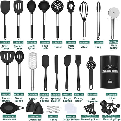 Silicone Kitchen Cooking Utensils Set-Umite Chef 43 pcs Heat Resistant Kitchen Utensils, Black Kitchen Gadgets Tools Set with Stainless Steel Handles for Non-Stick Cookware