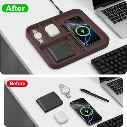 VOVIPO Faux Leather Valet Tray,with 2 in 1 Wireless Charging Compitable With iPhone/17/16/15/15 Plus/15 Pro/15 Pro Max/14/13/12/Wireless earphones,Office/Home Desk Organizers Tray-Brown