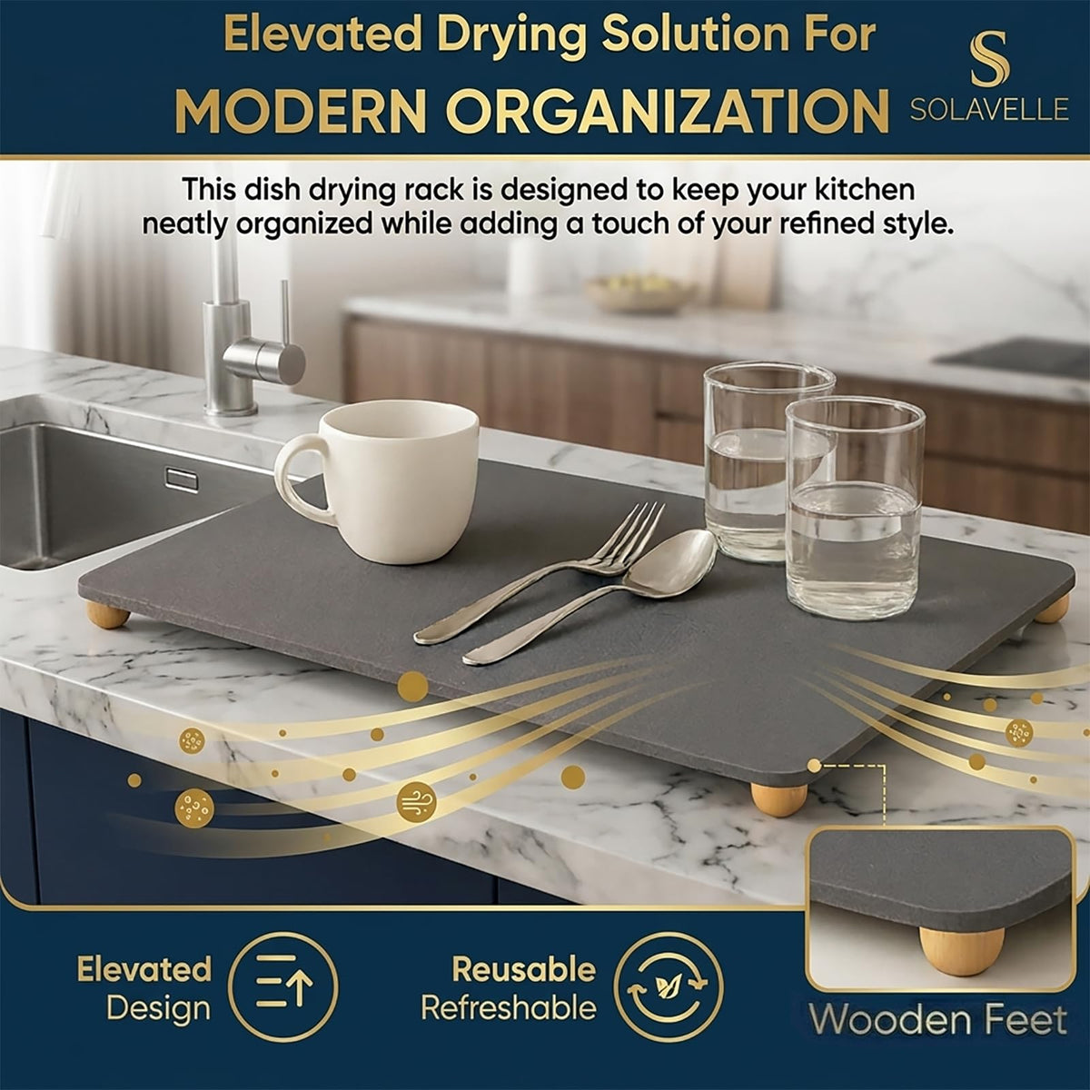 Stone Drying Mat for Kitchen Counter with 5 Wooden Feet