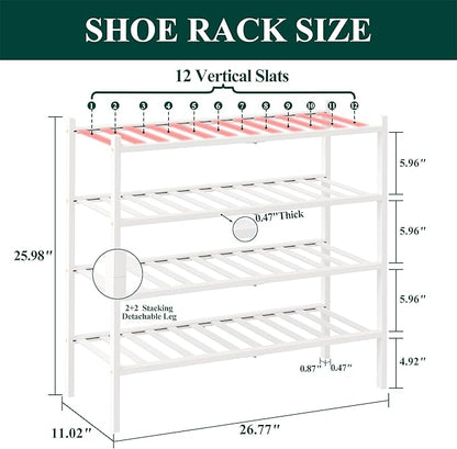 Smiry Bamboo Shoe Rack, 4 Tier Free Standing Wooden Shoe Organizer, Stackable Wood Shoe Storage Shelf for Closet, Entryway, 12 Vertical Slats, 2+2 Stack Standard Legs, 26.8"x11"x26", White