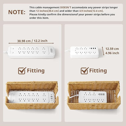 Cable Management Box, Handwoven Synthetic Rattan Cable Organizer, 2 Side Open Slots Cords Hider Box, Under Desk Cord Organizer for USB Wire, TV PC Charger & Power Strip, Natural