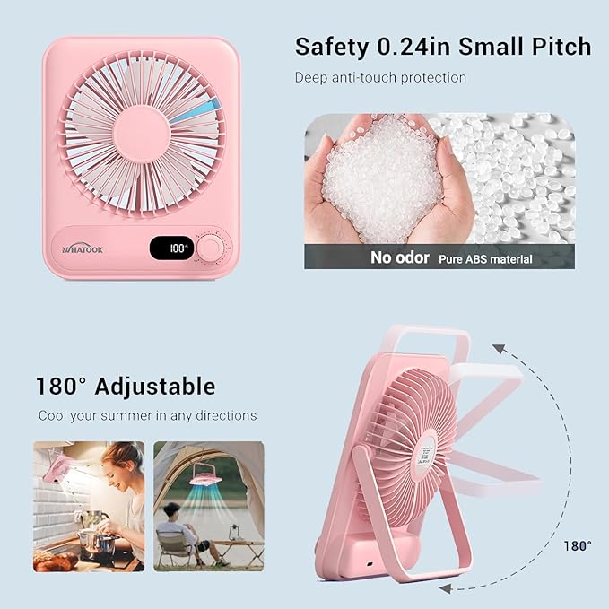 WHATOOK Desk Fan 2 Pack: 100 Speeds Stepless Control 5000mAh Battery Operated Portable Fan, Rechargeable Table Fan for Cruise Ship Essentials, Gift for Couples, Dorm, Office, Bedroom(Pink and Purple)