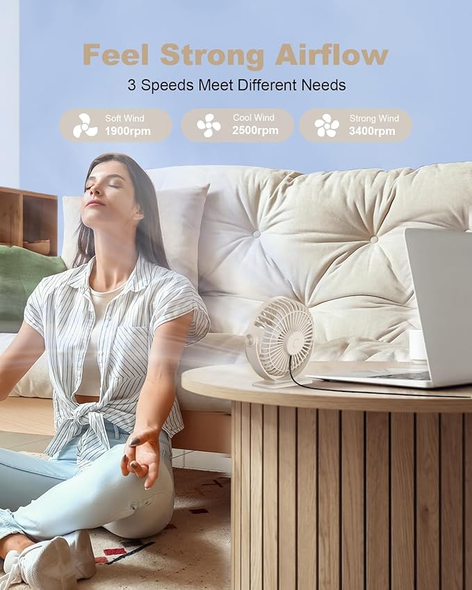 TriPole USB Desk Fan Small Portable Personal Fan, 3 Speeds Adjustable Strong Breeze Mini Electric Fan, 360° Rotation Quiet Plug In USB Fan for Desktop Bedroom Office Table Travel Cruise, Beige, 4.5in