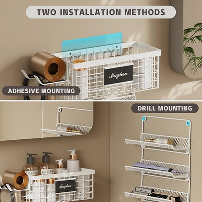 Magheo Hair Dryer Holder Wall Mounted, Adheisve Hair Styling Tool Organizer for hair Brush/Appliance Wall Mount with 5 Tier Shelf Basket Hooks Blow Dryer and Straightener Holder for Bathroom(White)
