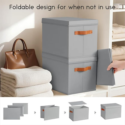 Homsorout Storage Bins with Lids - Fabric Storage Baskets for Shelves, 6 Pack Foldable Decorative Boxes with Handles, Stackable Organizer Bins for Home, Nursery, Dorm, Grey