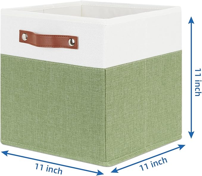 Temary Fabric Storage Bin 11x11 Cube Storage Bins for Home, 4 Pack Fabric Organizer Bins Cube Organizer Bins with Leather Handles Decorative Storage Bins for Shelf (White&Green)