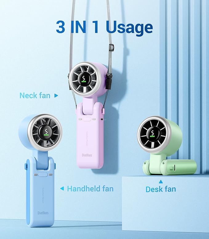 Diveblues Portable Handheld Turbo Fan, 5 Gear Wind, Battery Operated, Up to 12 Working Hours, 3 IN 1 Hand Fan with Air Turbo Tech Cooling Fan for Outdoor Activities, Travel, Working