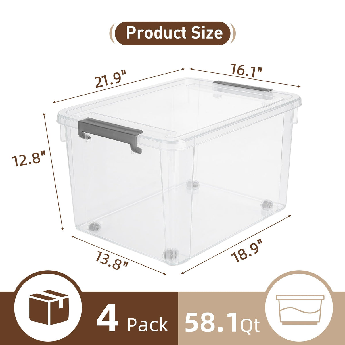 58.1 QT Plastic Storage Bins with Latching Lids Stackable Storage Containers for Organizing Large Clear Storage Box for Garage (4 Count)