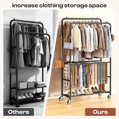 Clothes Rack - 4-Bar Double Rod Clothing Rack with 15 Pants Racks - Rolling Clothes Rack with Shelves - Portable Garment Rack for Bedroom Laundry Room Closet - Black