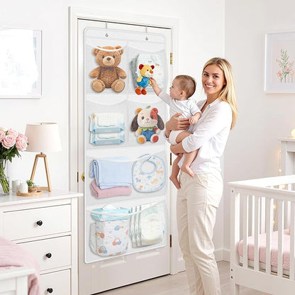 SpaceHacks Stuffed Animal Storage - Large Over the Door Organizer with 6 Expandable Mesh Pockets & Metal Hooks, Non-Woven Fabric Hanging Plush Items Holder for Nursery, Bedroom, Playroom (White)