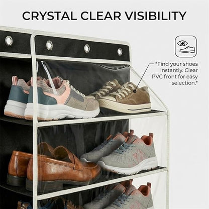 SUREMAX Over The Door Shoe Organizer, 11-Tier Hanging Shoe Rack for Closet Door Fits 22 Pairs, Clear PVC Behind The Door Storage Organizer with Heavy Duty Hooks & Loop Fastener, Black