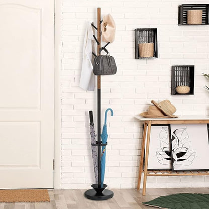 MyGift Freestanding Metal Entryway Coat Rack and Umbrella Stand with Sturdy Round Base and 6 Faux Wood Hanger Hooks